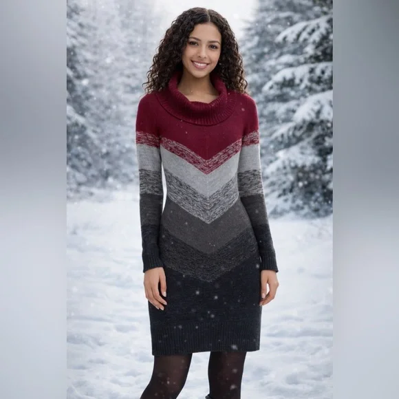 BCX Women's Red and Gray Chevron Turtleneck Sweater - Picture 1 of 6